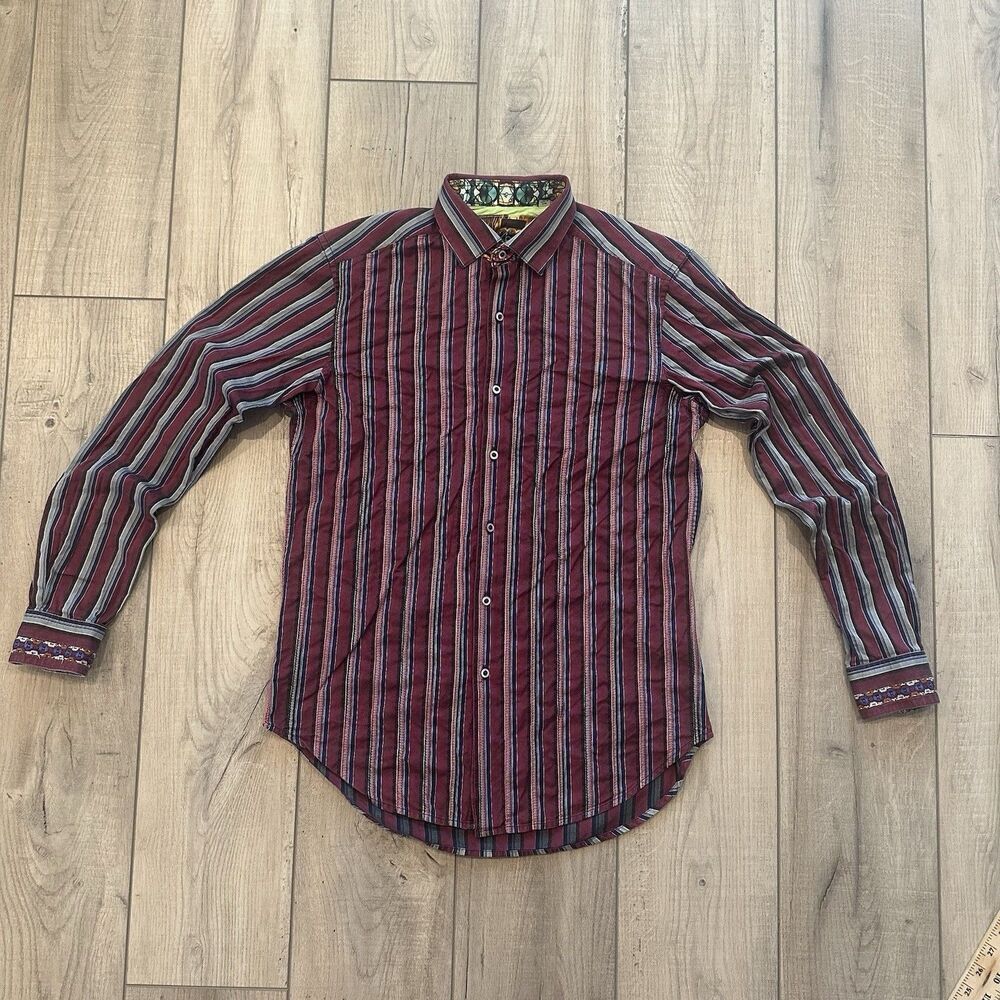 Robert Graham Shirt Men Small Regular Flip Cuff Striped Long Sleeve Y2K Maroon